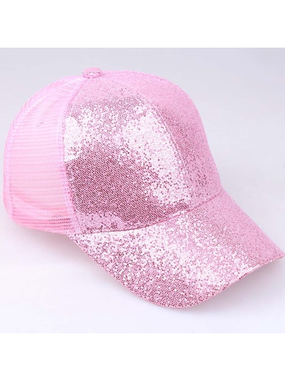 Shiny Sequins Messy Bun Snapback Cap for Women Girls Baseball Ponytail Sun Hat Pink 58