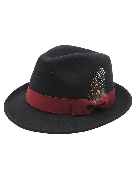 Short Brim Fedora Hats for Men & Women Felt Dress Panama Trilby Hats with Feathers Band BK2 M