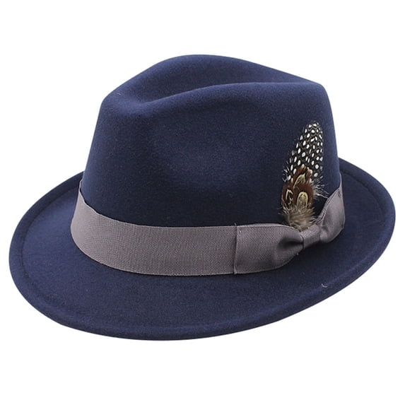 AJGRHE Short Brim Fedora Hats for Men & Women Felt Dress Panama Trilby Hats with Feathers Band Navy M