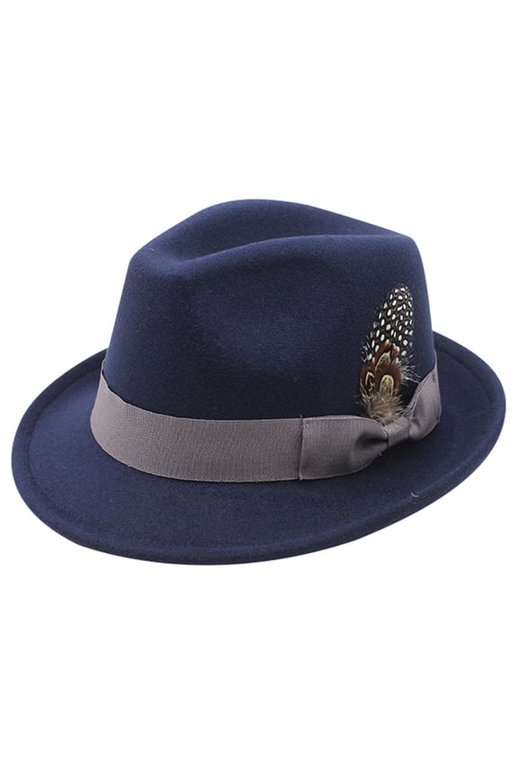 Short Brim Fedora Hats for Men & Women Felt Dress Panama Trilby Hats with Feathers Band Navy M