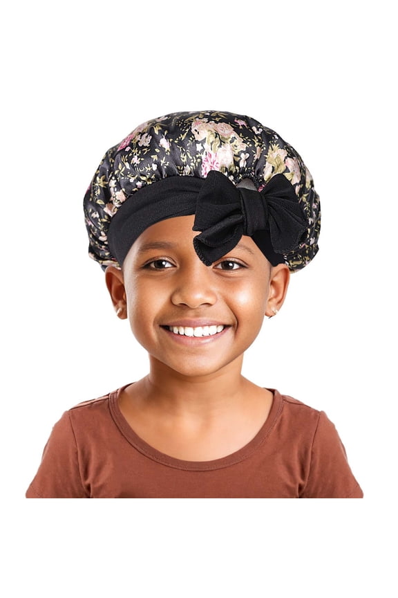 Silk Sleep Cap With Bow Tie. Soft And Comfortable Suitable For Girls. Floral Printed Sleep Cap With Elastic Straps. Round Cap With Cute And Versatile Hair Function. Black One Size