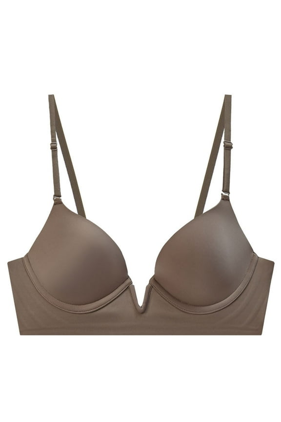 Simple Basic Bra French V Low Cut Backless Seamless Underwear Lift Support Gathered U Shaped Bra for Small Chest 38 Coffee