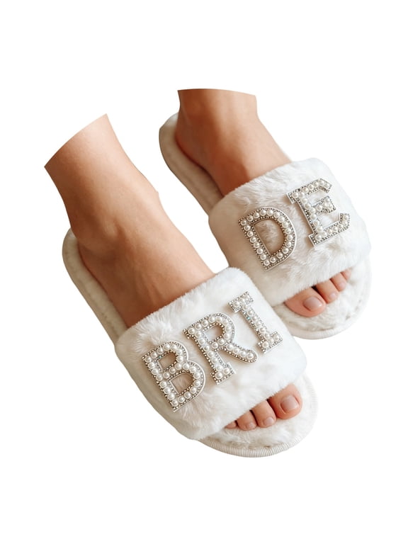 Sparkling Embroidered Letter Slippers For Bride Wedding Party And Bridesmaid Occasions White 36-37