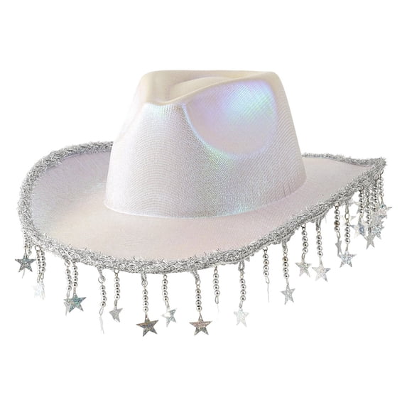 AJGRHE Sparkly Cowboy Hats for Women & Men Glitter Star Fringed Cowboy Hat Shiny Western Festival Celebration Country Music Concert For Party White One Size