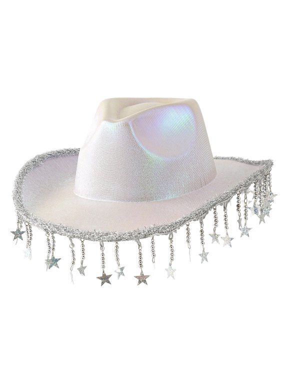 Sparkly Cowboy Hats for Women & Men Glitter Star Fringed Cowboy Hat Shiny Western Festival Celebration Country Music Concert For Party White One Size