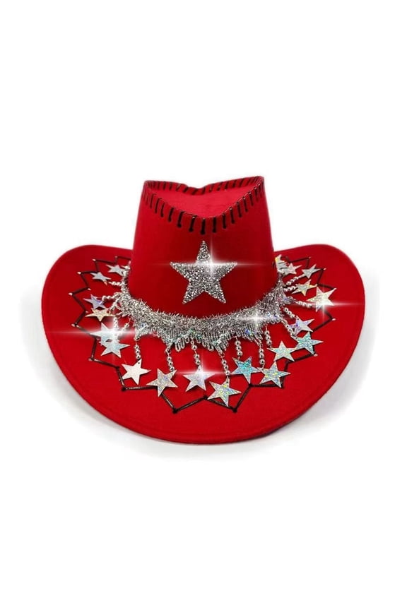Sparkly Rhinestone Cowboy Hat for Women Western Cowboy Hat With Finish And Star Fringe Design For Country Parties Events Themed Celebrations Red One Size