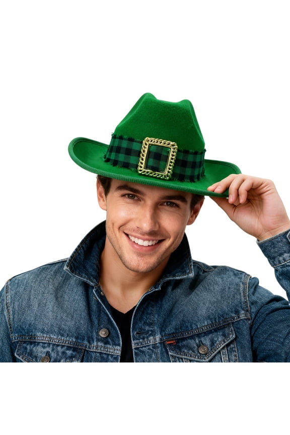 St Patrick's Day Hat with Metal Buckle, Green Top Hat for St Patty's Stage Performances Party Occasions Cowboy Style Green One Size