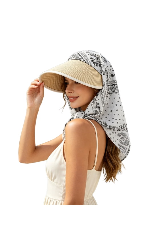 Sun Hat With Neck Beach Wide Brim Hollow Top Scarf Cap For Outdoor Daily Casual Leisure Shopping Party White One Size