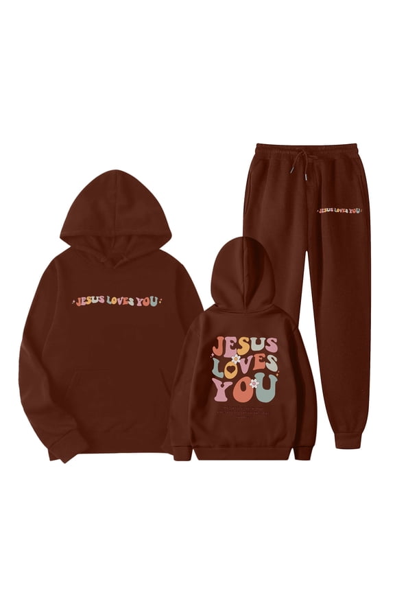 Two Piece Outfits Stylish Girls Winter Outfits Set Casual Wear Printed H-o-o-d-e-d Sweatshirt Ensemble for Easy Care Instructions 3-4 Years Coffee