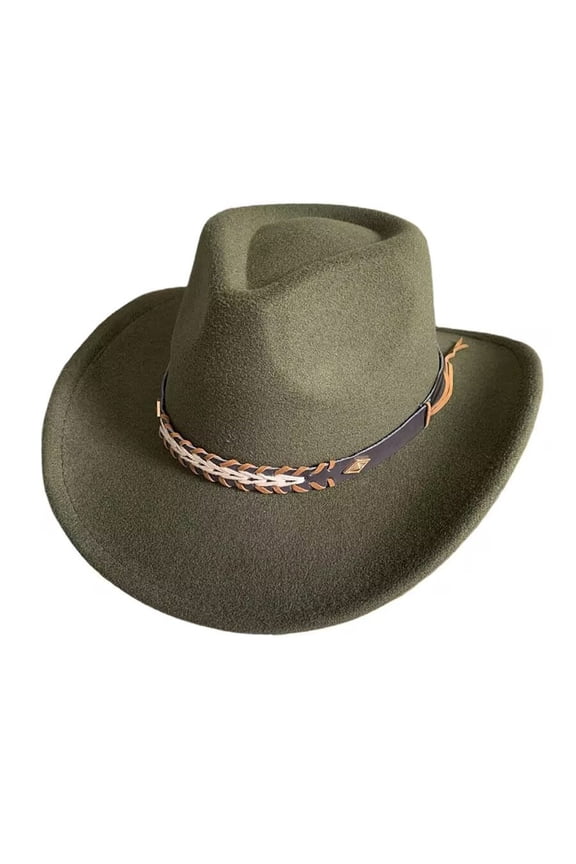 Western Cowboy Hat With Ethnic Style Wool Mid Brim Performance Hat For Outdoor And Casual Wear Army Green One Size