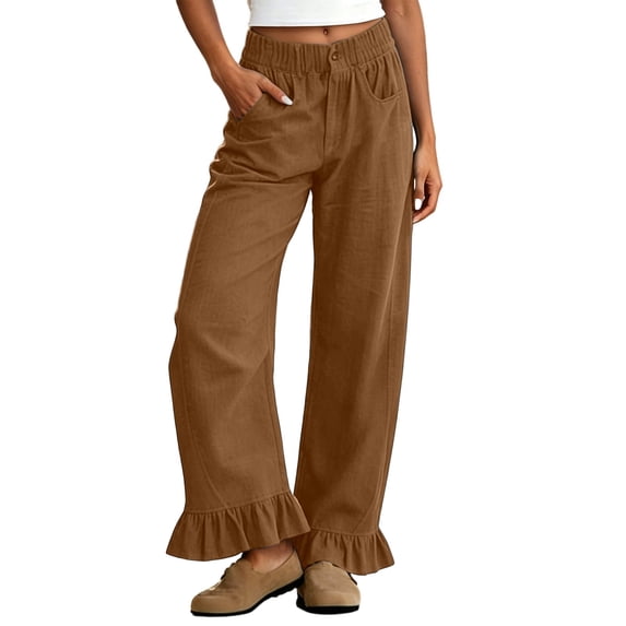 AJGRHE Wide Leg Jeans for Women Stretch High Wasited Baggy Trendy Denim Jean Ruffle Hem Pants Coffee M