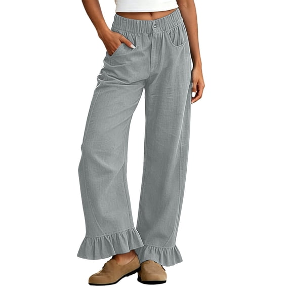 AJGRHE Wide Leg Jeans for Women Stretch High Wasited Baggy Trendy Denim Jean Ruffle Hem Pants Light Gray M