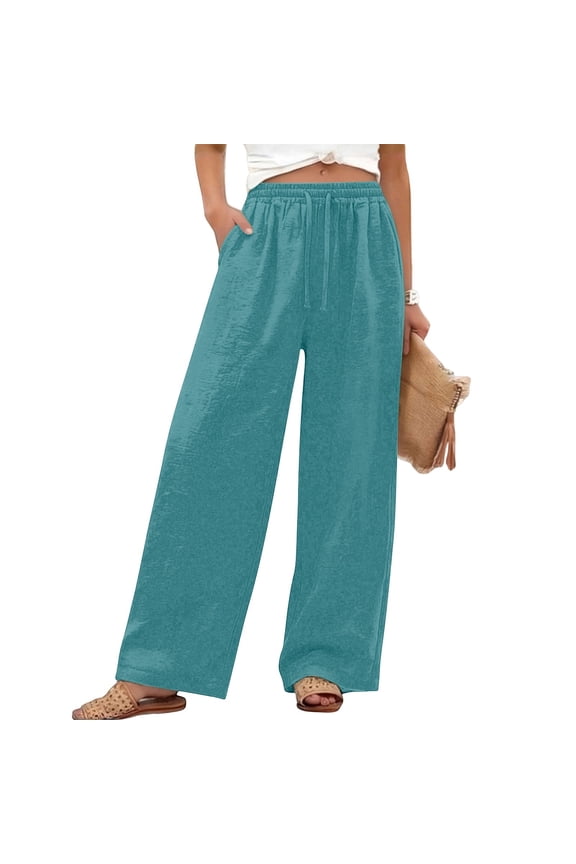 Wide Leg Pants for Women Flowy Palazzo Drawstring Elastic Waist Trousers with Pockets Summer Beach Vacation Clothes Mint Green S