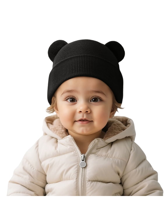 Winter Knitted Hat For Kids With Adorable Bear Ears Soft Stretchy Warm Cap For Boys And Girls Black 0-3