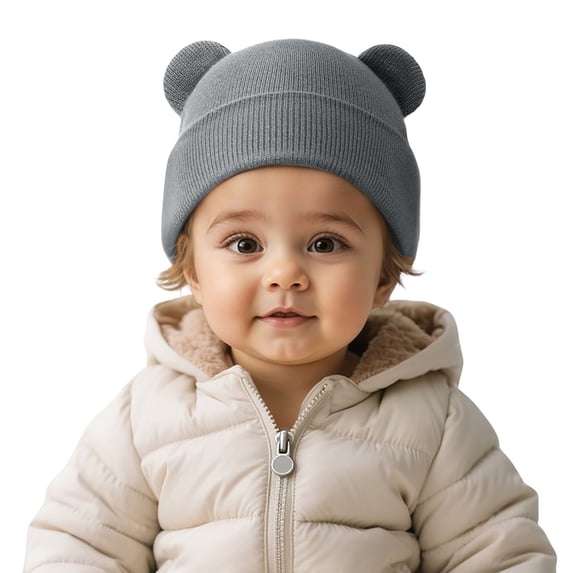 AJGRHE Winter Knitted Hat For Kids With Adorable Bear Ears Soft Stretchy Warm Cap For Boys And Girls Grey 0-3