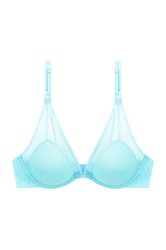 Women Active Solid Bra French Style Classic Sheer Mesh Lace Underwire Bra Delicate Thin Cups 36/80 Light Blue
