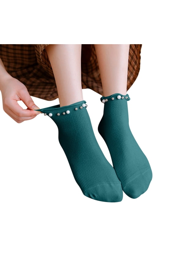 Women Autumn Winter Matching Pearl Thickened Warm Mid Tube Socks Cozy Casual Hosiery Green One Size