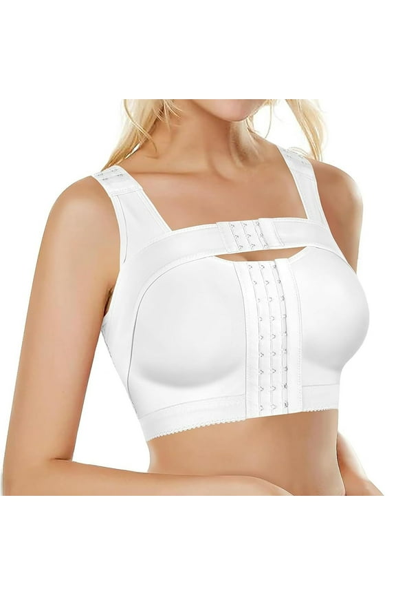 Women Basic BraPost Front Closure Compression Bra for Women with Adjustable Support Band and Comfortable Wireless Design L White