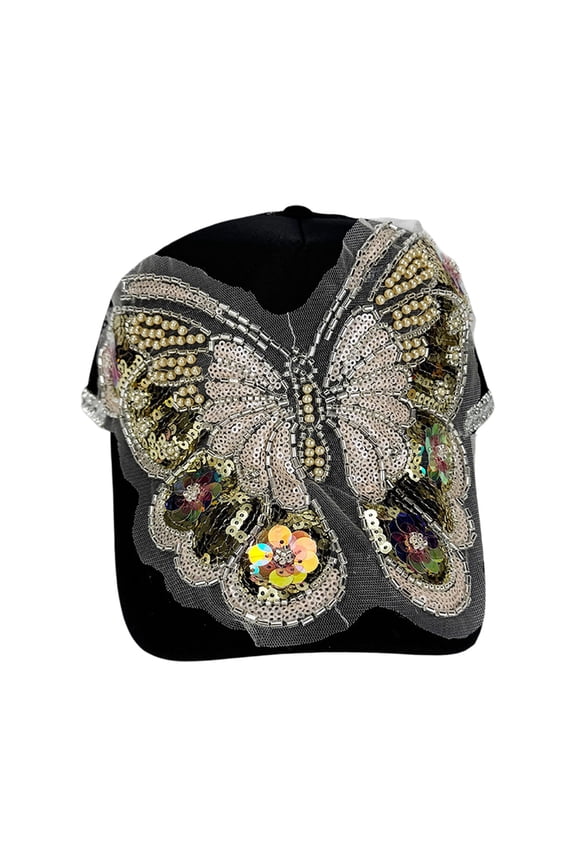 Women Bling Baseball Cap Rhinestone Sequin Sun Visor Hat Summer Mesh Diamond Butterfly Lace Small Floral Cap Black One Size