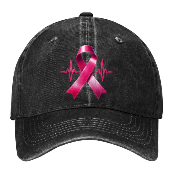 AJGRHE Women Cancer Awareness Month Printed Washed Baseball Cap Outdoor Sports Hat Adjustable Ribbon Embroidered Denim Black One Size