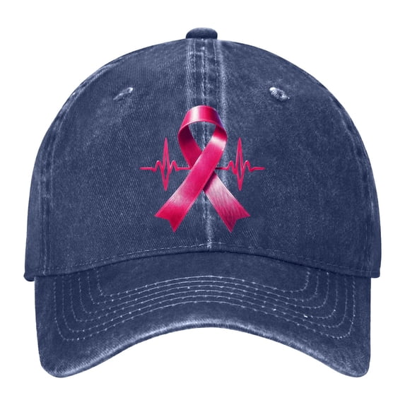 AJGRHE Women Cancer Awareness Month Printed Washed Baseball Cap Outdoor Sports Hat Adjustable Ribbon Embroidered Denim Navy One Size