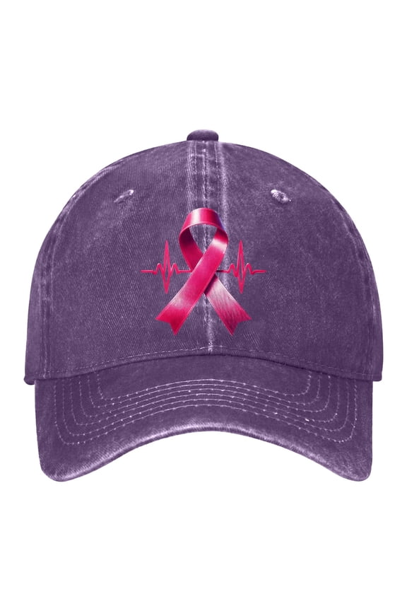 Women Cancer Awareness Month Printed Washed Baseball Cap Outdoor Sports Hat Adjustable Ribbon Embroidered Denim Purple One Size