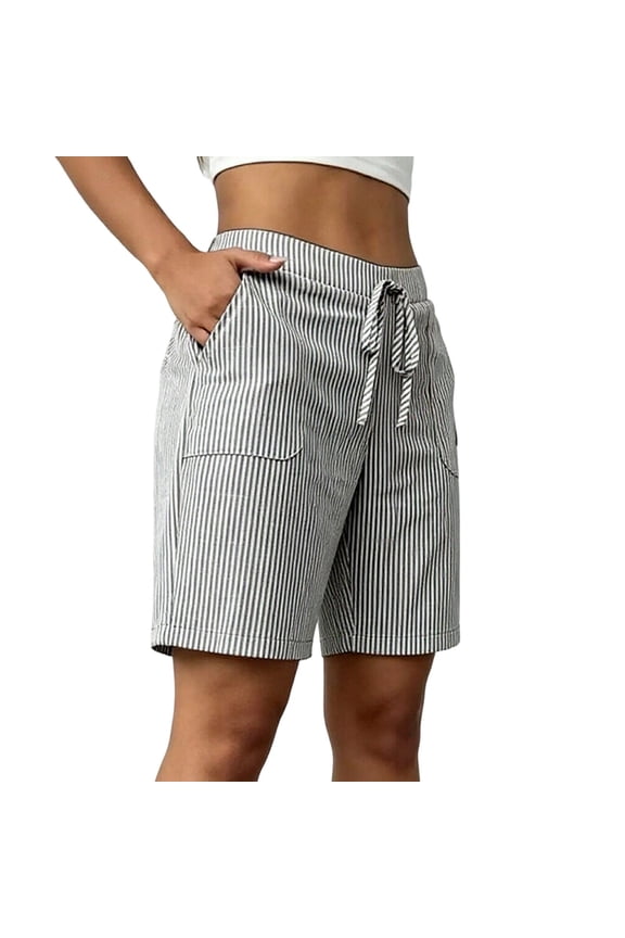Women Casual Striped Wide Leg Shorts Relaxed Fit Streetwear Breathable Blend Summer Outdoor Campus Home Black XXL