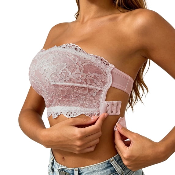 AJGRHE Women Cotton BraSeamless Wireless Strapless Lace Push Up Bra for Women Everyday Comfort Support Casual Wear Pink M