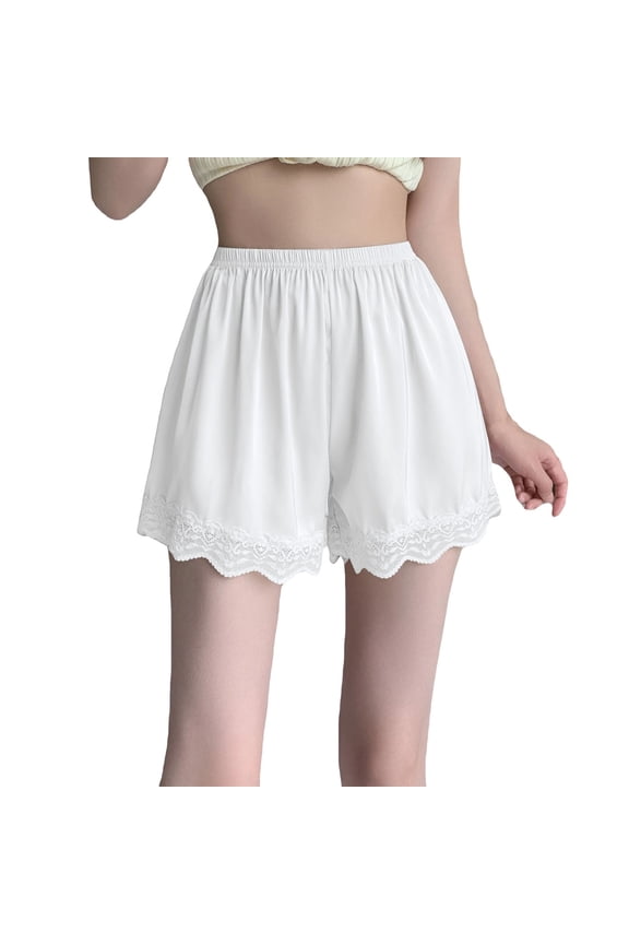 Women Culotte Half Satin Bloomer Pettipants Under Dresses Lace Trim Pants Elastic Waist Liner Shorts White4 L