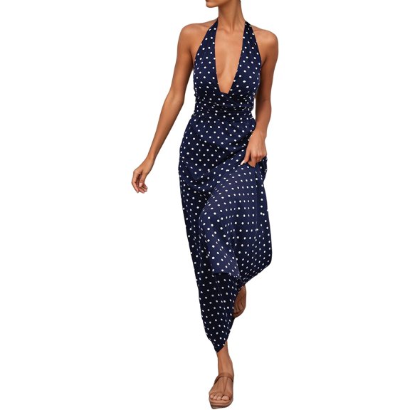 AJGRHE Women Halter V Neck Maxi Dress Backless Bodycon Low Cut Long Dress Open Back Summer Beach Sundress Blue S