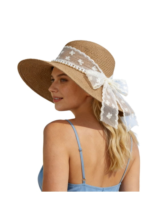 Women Lace Bow Straw Woven Breathable Sun Hat Tourist Beach Fisherman Casual Holiday Visor Khaki One Size