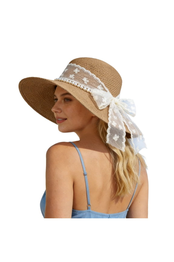 Women Lace Bow Straw Woven Breathable Sun Hat Tourist Beach Fisherman Casual Holiday Visor Khaki One Size
