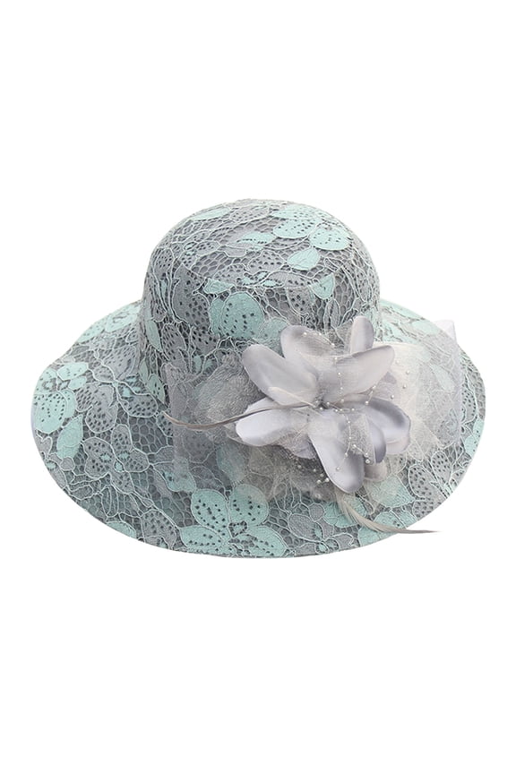 Women Lace Mesh Basin Hat Large Brim Sun Visor Outdoor Flower Headwear Sky Blue One Size