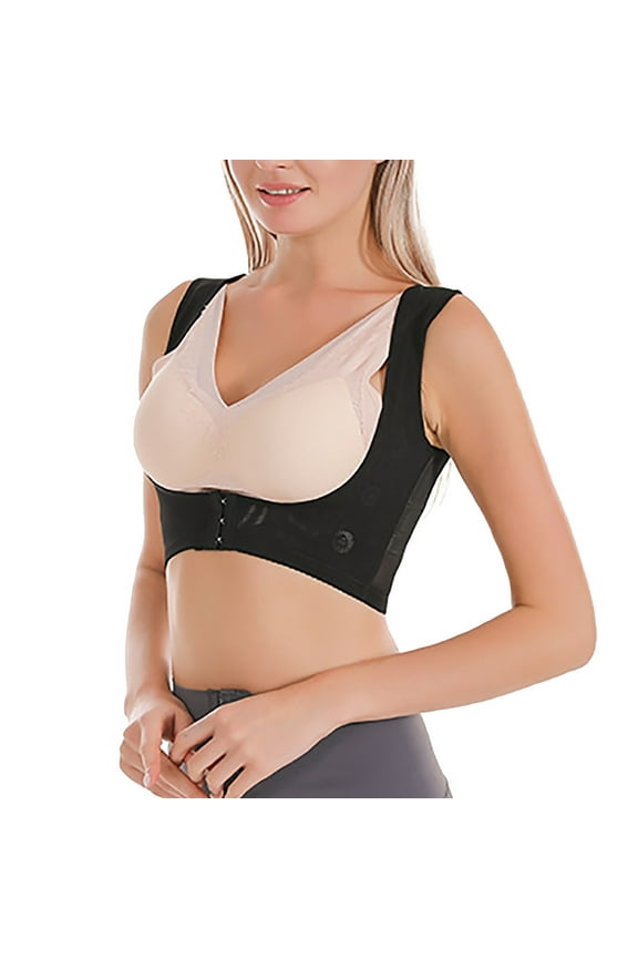 Women Lightweight Wirefree Bra X-Shaped Back Support Bra for Posture Correction and Lifting Front Closure Design XXXL Black