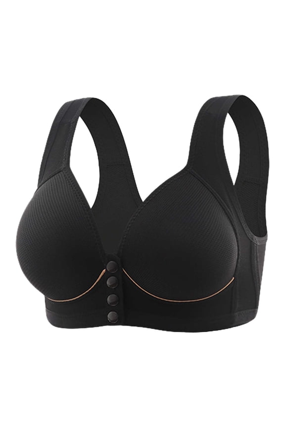 Women Medium Support Solid Bra Front Buckle Lace Trim Seamless Yoga Sleep Bra for Movement and Comfortable Support 38 Black
