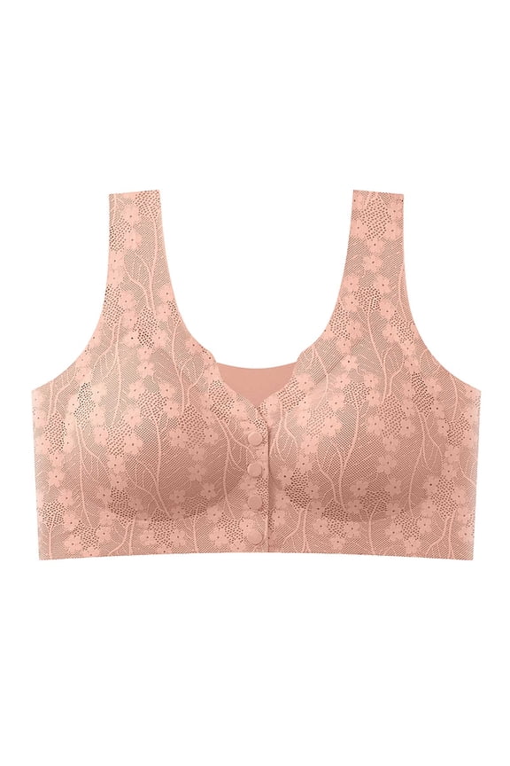 Women Nylon Spandex Solid Bra Front Buckle Lace Edge Seamless Movement Yoga Sleep Bra for Support and Comfort XXXL Rose Gold