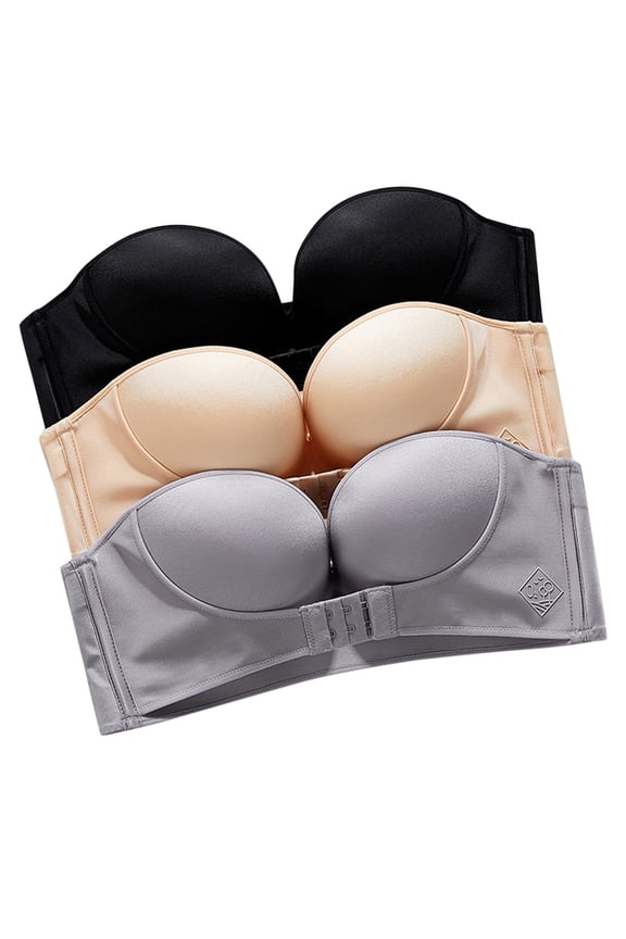 Women Plus Size Wirefree Bra Strapless Non- Adjustable Rimless Dress Bra Set Comfortable Seamless Support for formal Wear 3PCS 75F Multicolor