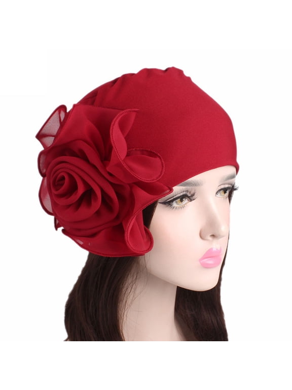 Women Retro Big Flowers Hat Turban Hat Cap Pile Cap Chemo Turban Hats for Women - Elastic Flower Beanie Headwrap Caps Solid Color Grate for Cancer Hair Cover Red One Size