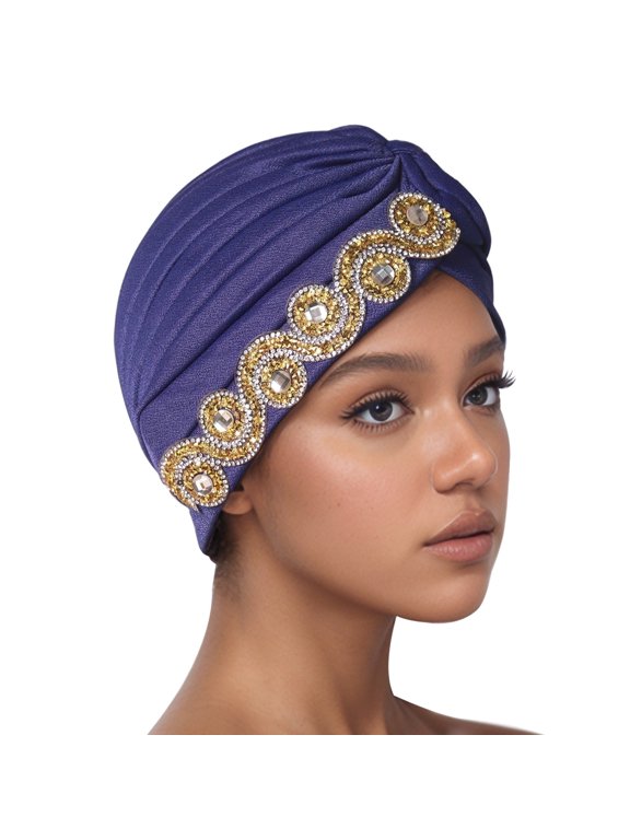 Women Ruffle Chemo Turban Wrap Cap Scarf Shawl Hats African Women's Headscarf hat, -Embroidered hairnet, Chemotherapy Cancer hat Blue One Size