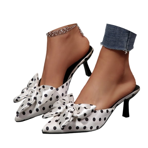 AJGRHE Women'S Satin Polka Dot Bow Stiletto Slides Sandals Fashion Elegant Pointed Open Toe -On High Heel Mules For Summer Party Wedding Prom Dress Shoes White 36