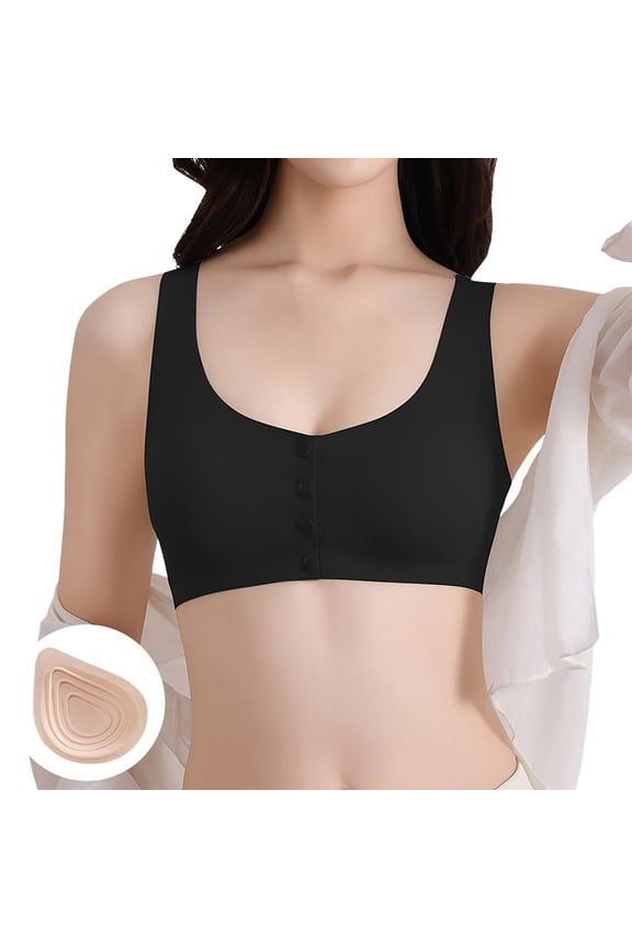 Women Simple Basic Bra Seamless Front Closure Post Bra Soft Breathable Comfort Prosthetic Support XL Black
