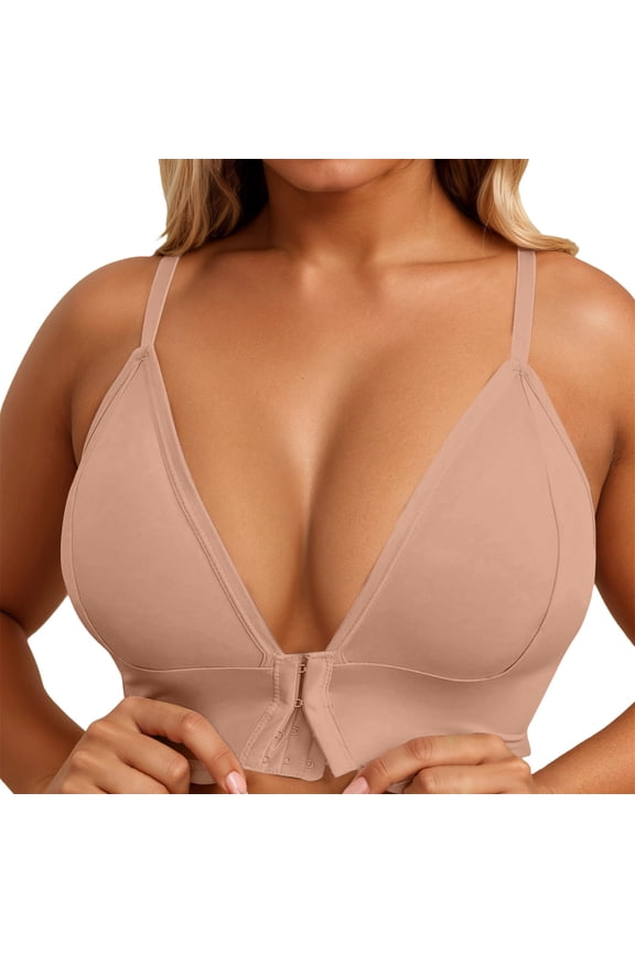 Women Simple Basic Bra Triangle Cup Wireless Front Closure Bra with Thin Straps for Comfortable All Day Wear XXL Beige