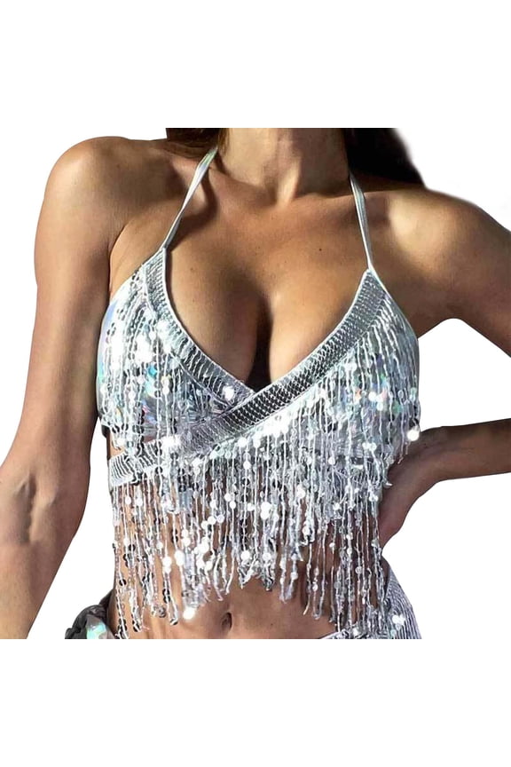 Women Solid Breathable Bra Women's Sparkling Sequin Fringe Bralette top Club Party Festival Dance Elegant Evening Wear L Silver
