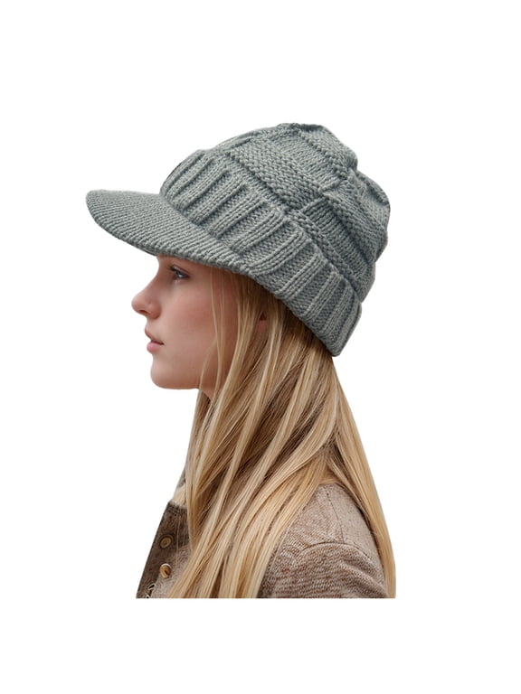 Women Solid Winter Outdoor Hat Peaked Cap Cover Knitted Earflap Beanie Tail Winter Warm Knit Messy High Bun Ponytail Hats Visor Beanie Cap Dark Gray One Size