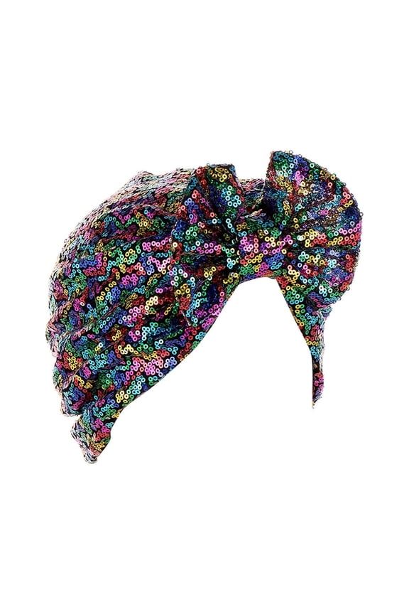 Women Sparkle Sequin African Turban Bow Knot Pre-Tied Cap Pleated Ruffle Bonnet Beanie Hat Headwrap Skull Caps Multicolor One Size