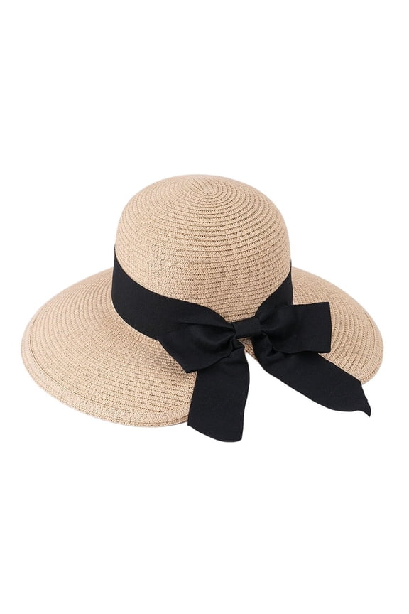 Women Straw Sun Hat Wide Brim Bucket Packable Bowknot Visor Summer Outdoor Beach Cap Korean Version Large Floppy Roll UPF White One Size
