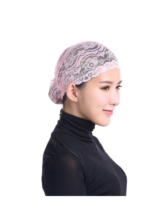 Women Stretch Lace Turban Wrap Cap Loss Hair Scarf Adjustable Baseball Hat Head Cover Pink One Size