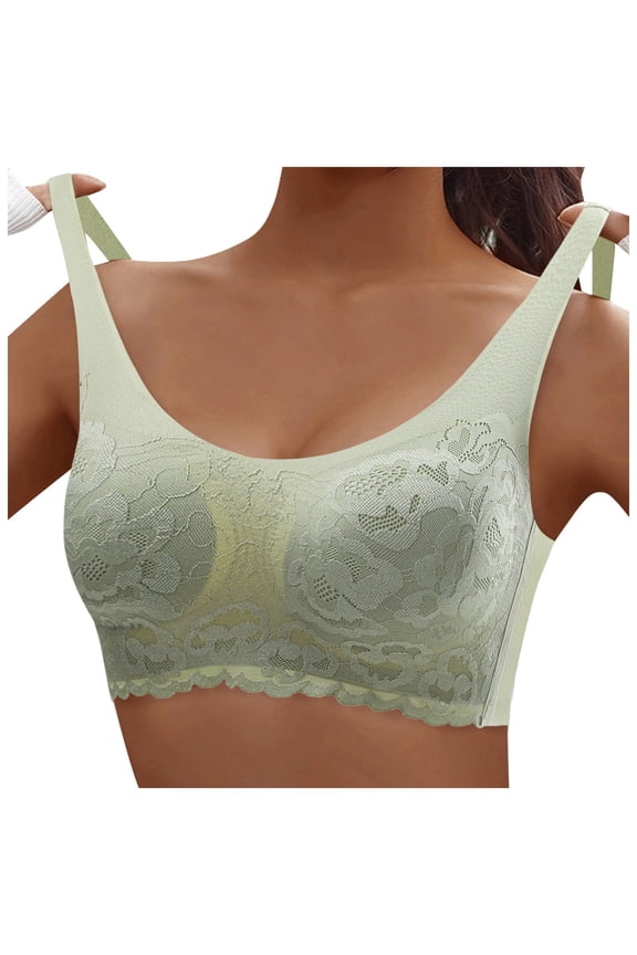 Women Stretch Solid Bra Seamless Latex Underwire Bra for Full Coverage Support with Lace Detailing and Fixed Cup Design XXL Green