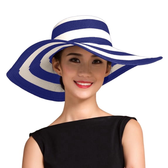 AJGRHE Women Summer Wide Brim Straw Sun Hat Casual Outdoor Floppy Beach Design Striped Roll Up Travel Packable Dark Blue One Size