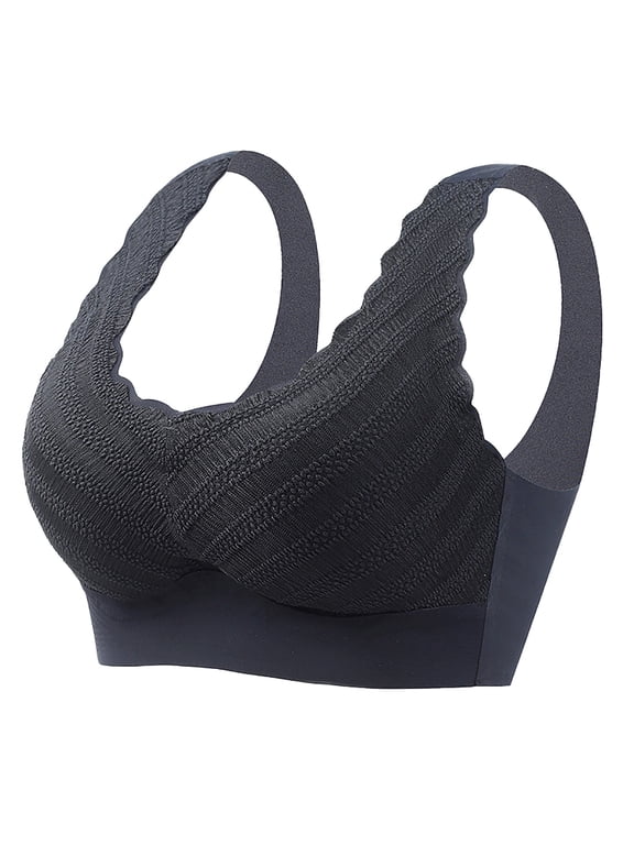 Women T Shirt Bra Breathable Lace Leaf Pattern Backless Bra Comfortable Wire-Free Support French Fixed Underwear XXL Black